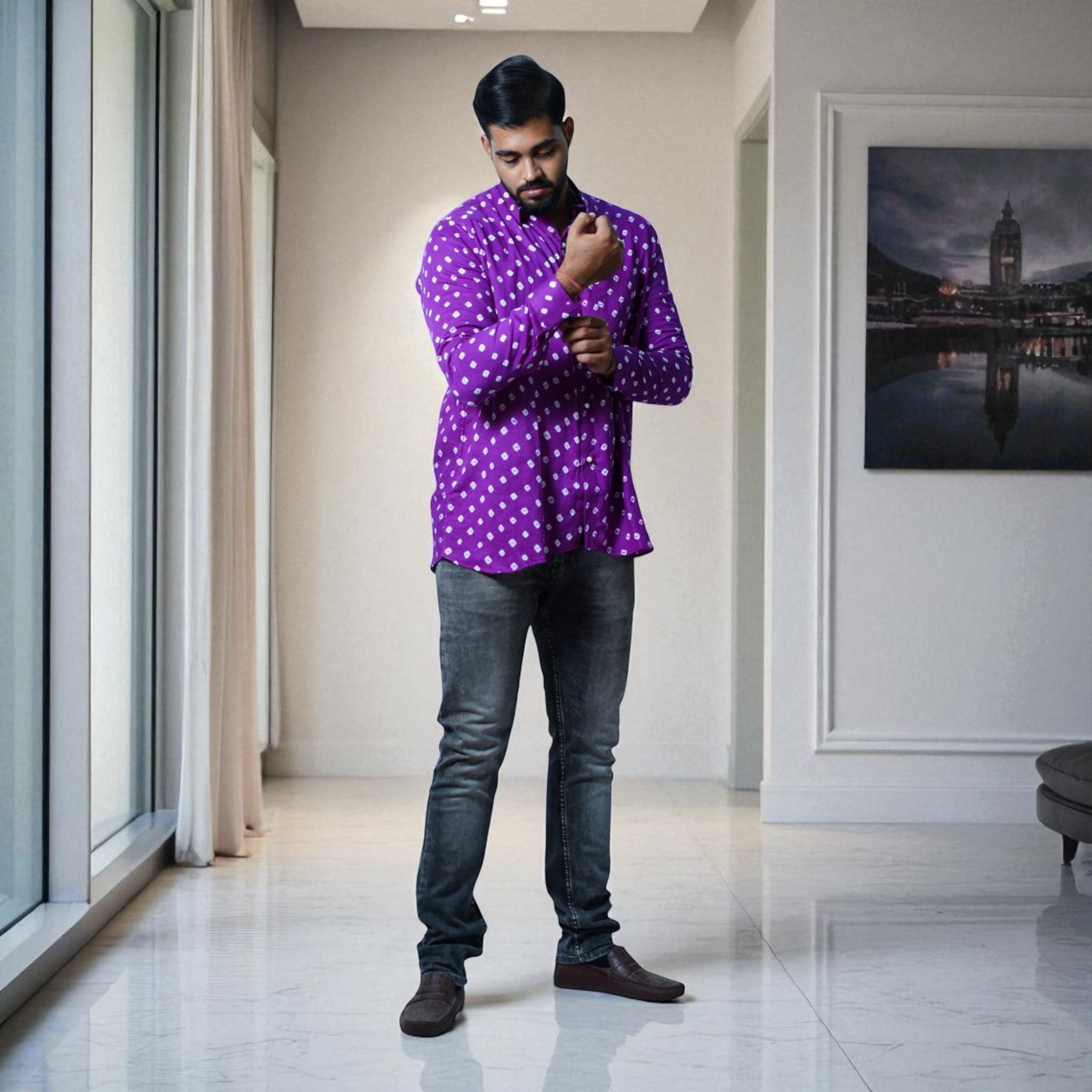 Plum Purple Hand Bandhej-Bandhini Cotton Mens Shirt