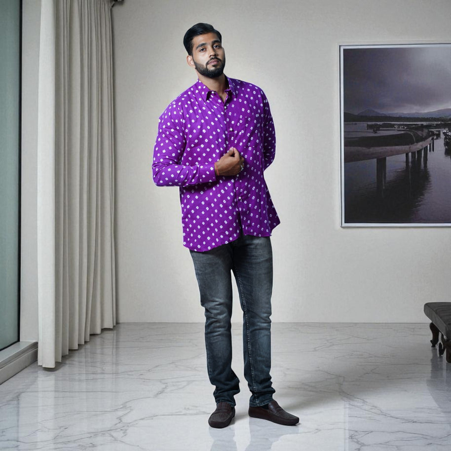 Plum Purple Hand Bandhej-Bandhini Cotton Mens Shirt
