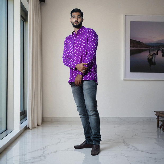 Plum Purple Hand Bandhej-Bandhini Cotton Mens Shirt