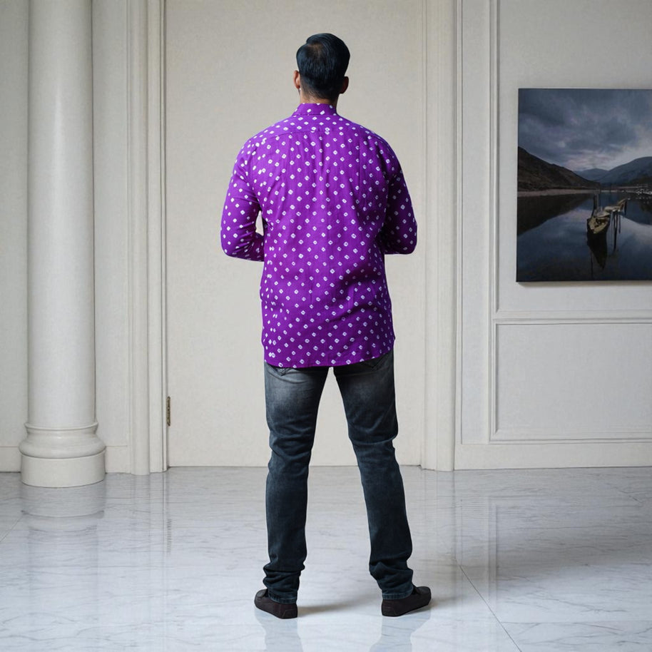 Plum Purple Hand Bandhej-Bandhini Cotton Mens Shirt