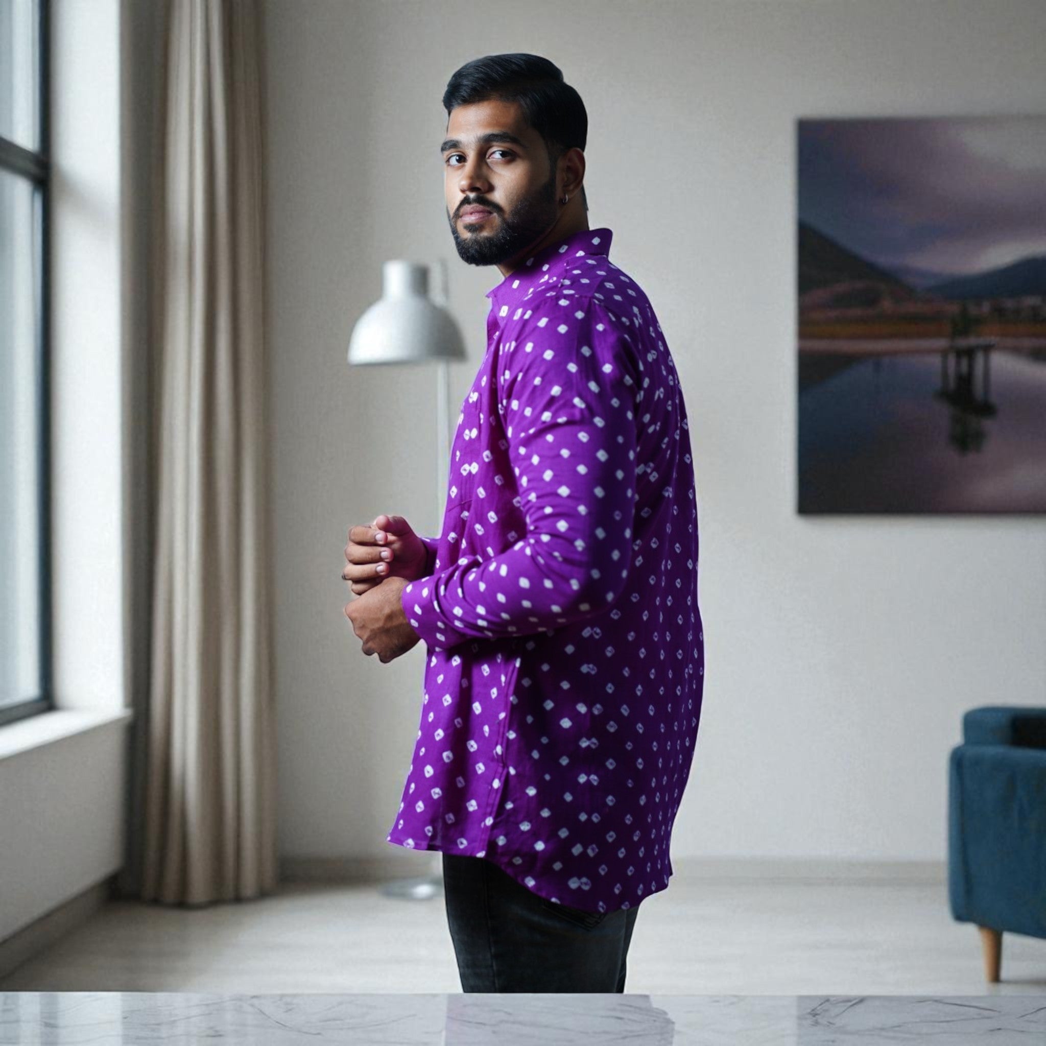 Plum Purple Hand Bandhej-Bandhini Cotton Mens Shirt