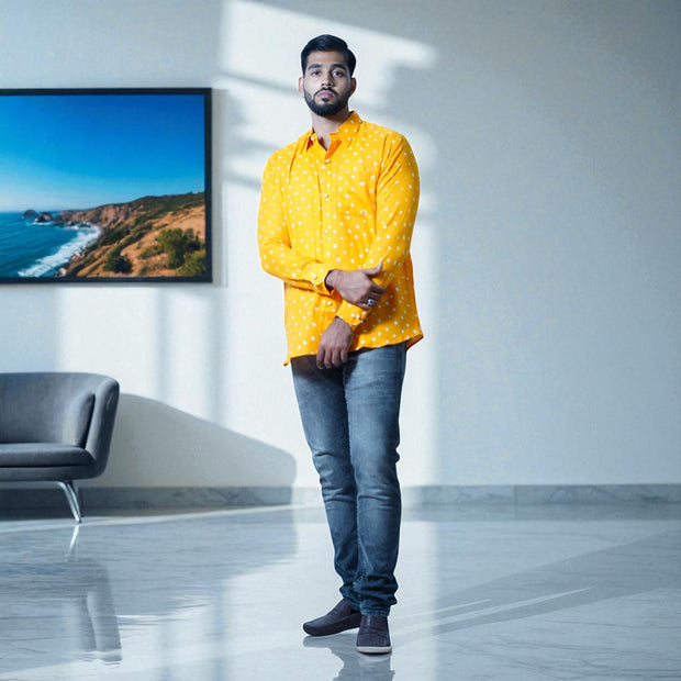 Orange Hand Bandhej-Bandhini Cotton Mens Shirt