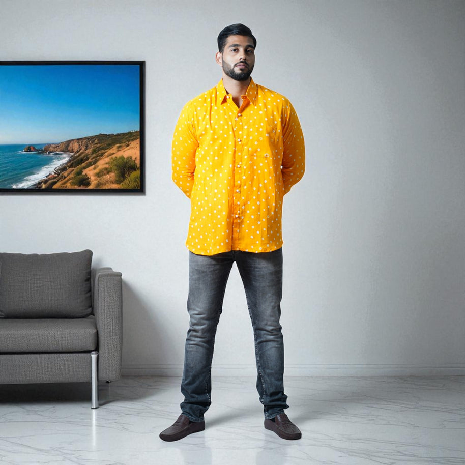 Orange Hand Bandhej-Bandhini Cotton Mens Shirt