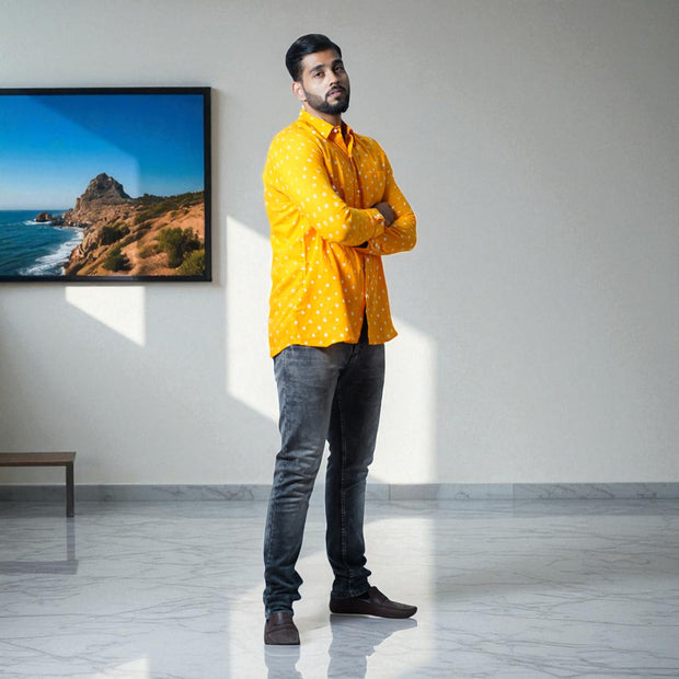 Orange Hand Bandhej-Bandhini Cotton Mens Shirt