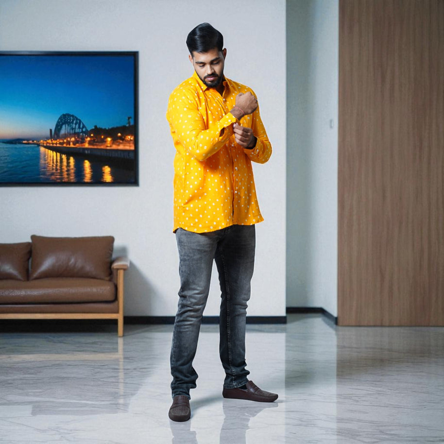 Orange Hand Bandhej-Bandhini Cotton Mens Shirt