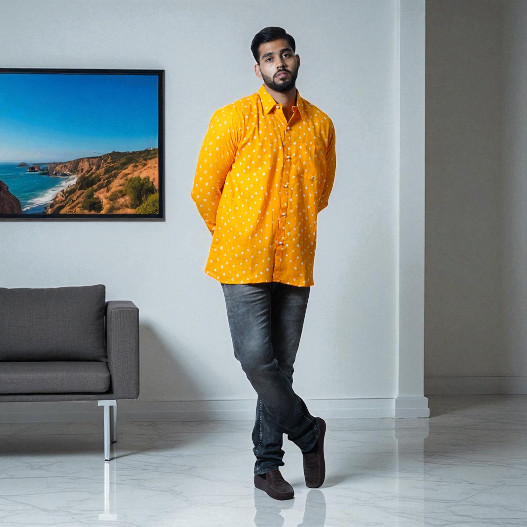 Orange Hand Bandhej-Bandhini Cotton Mens Shirt