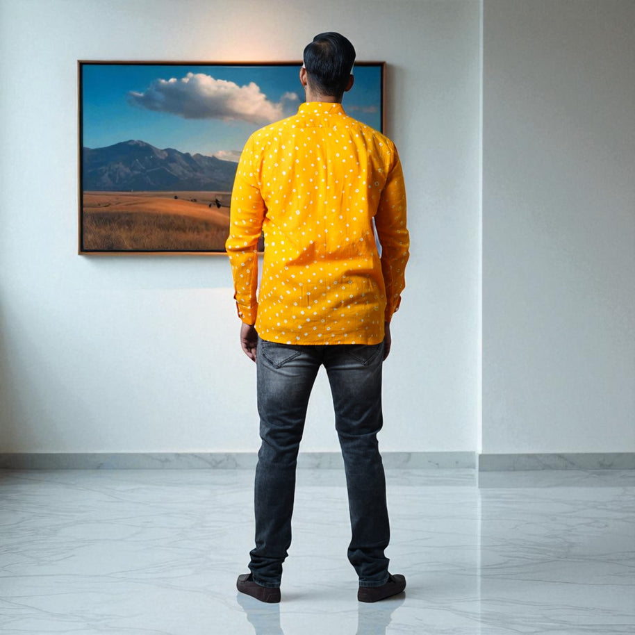 Orange Hand Bandhej-Bandhini Cotton Mens Shirt