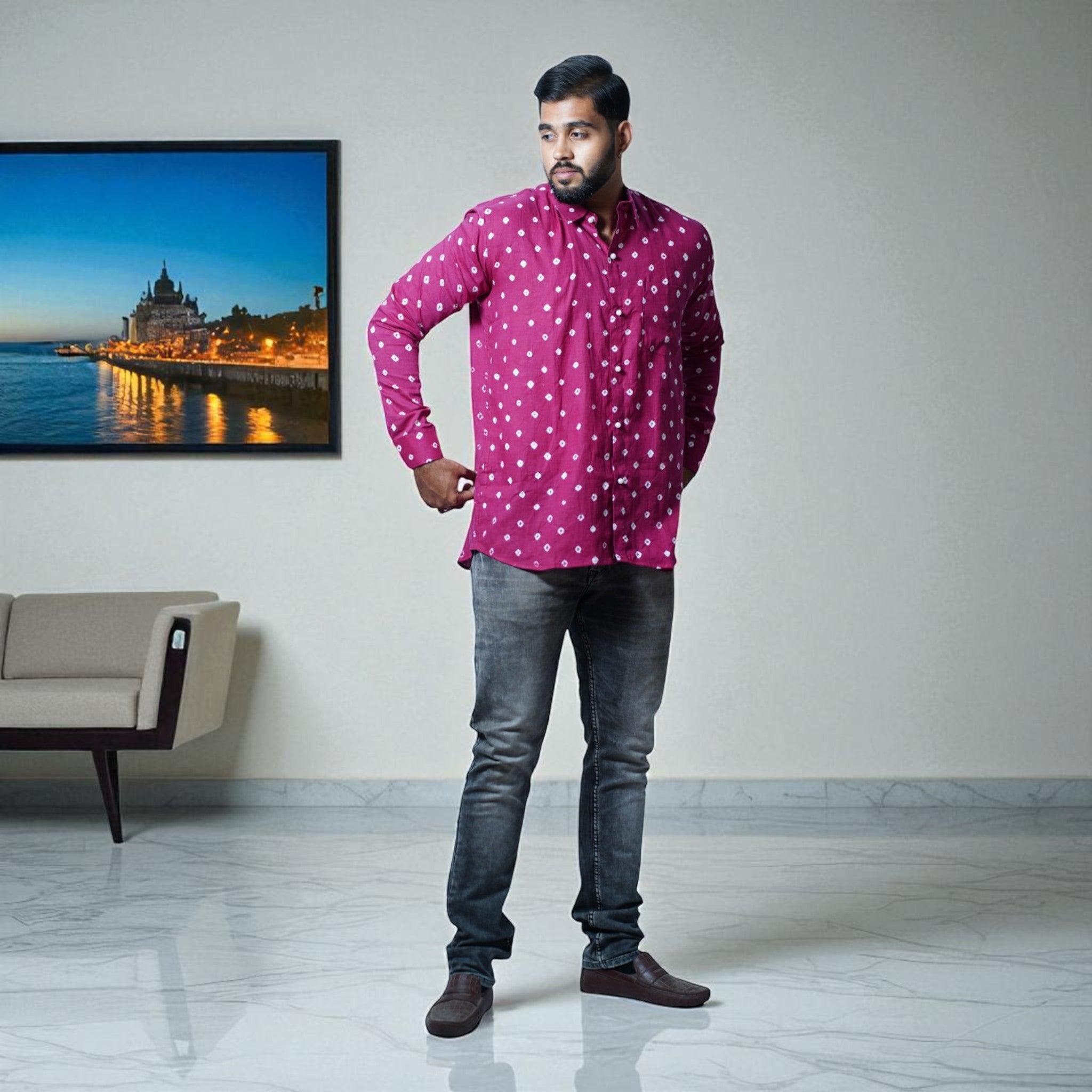 Magenta Hand Bandhej-Bandhini Cotton Mens Shirt