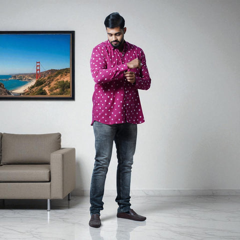 Magenta Hand Bandhej-Bandhini Cotton Mens Shirt