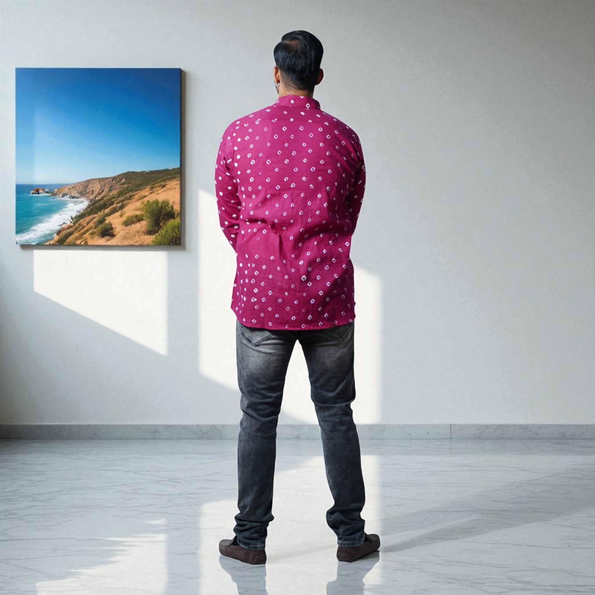 Magenta Hand Bandhej-Bandhini Cotton Mens Shirt