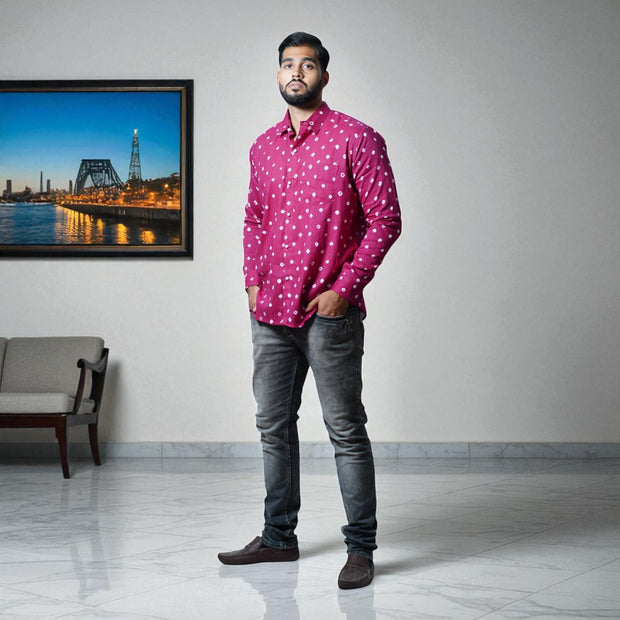 Magenta Hand Bandhej-Bandhini Cotton Mens Shirt