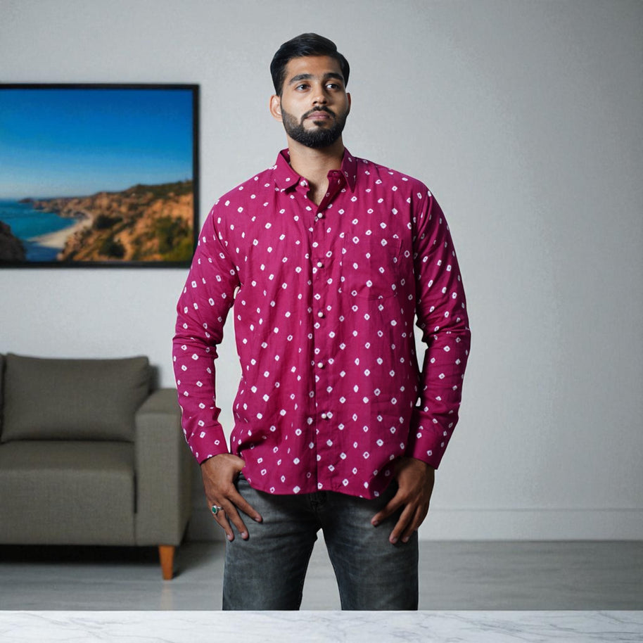 Magenta Hand Bandhej-Bandhini Cotton Mens Shirt