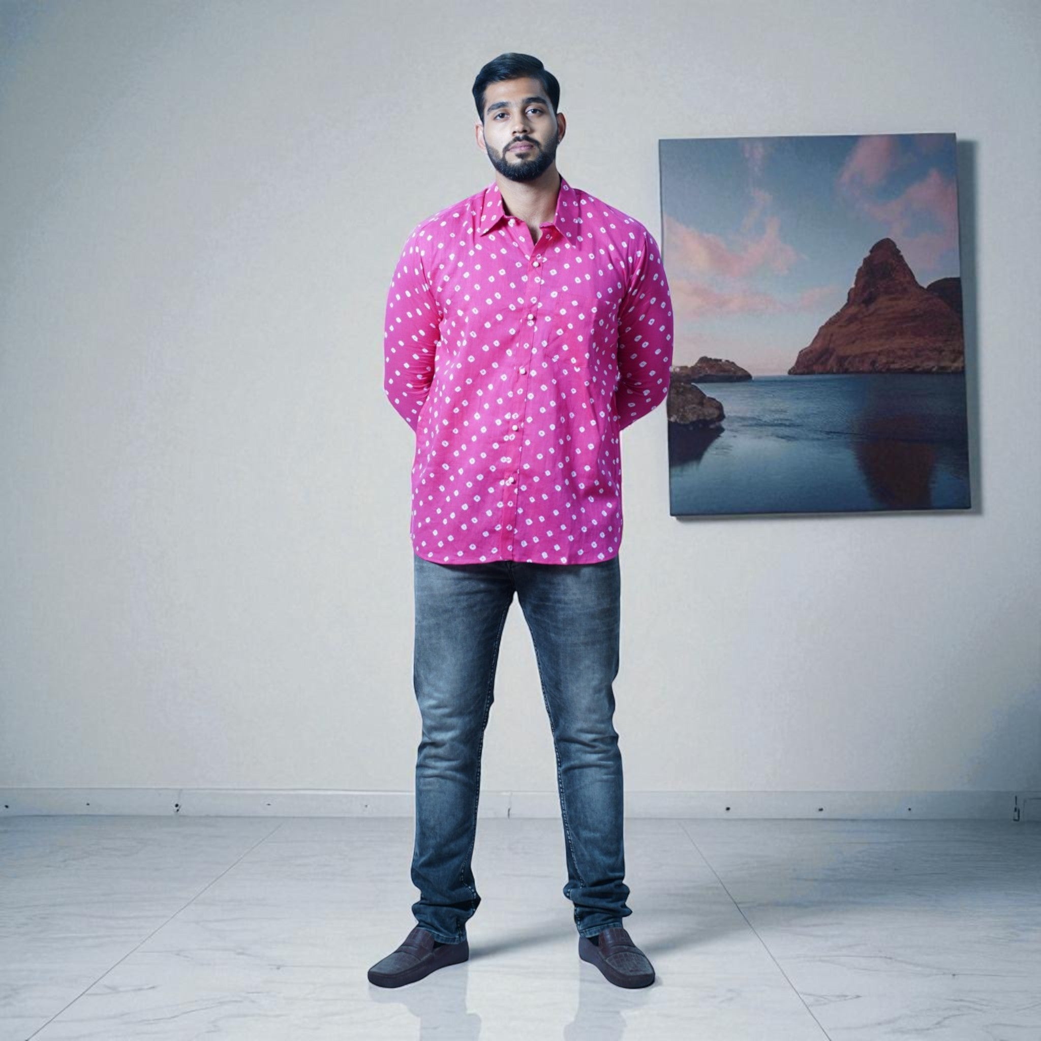 Pink Bandhej-Bandhini Cotton Mens Shirt