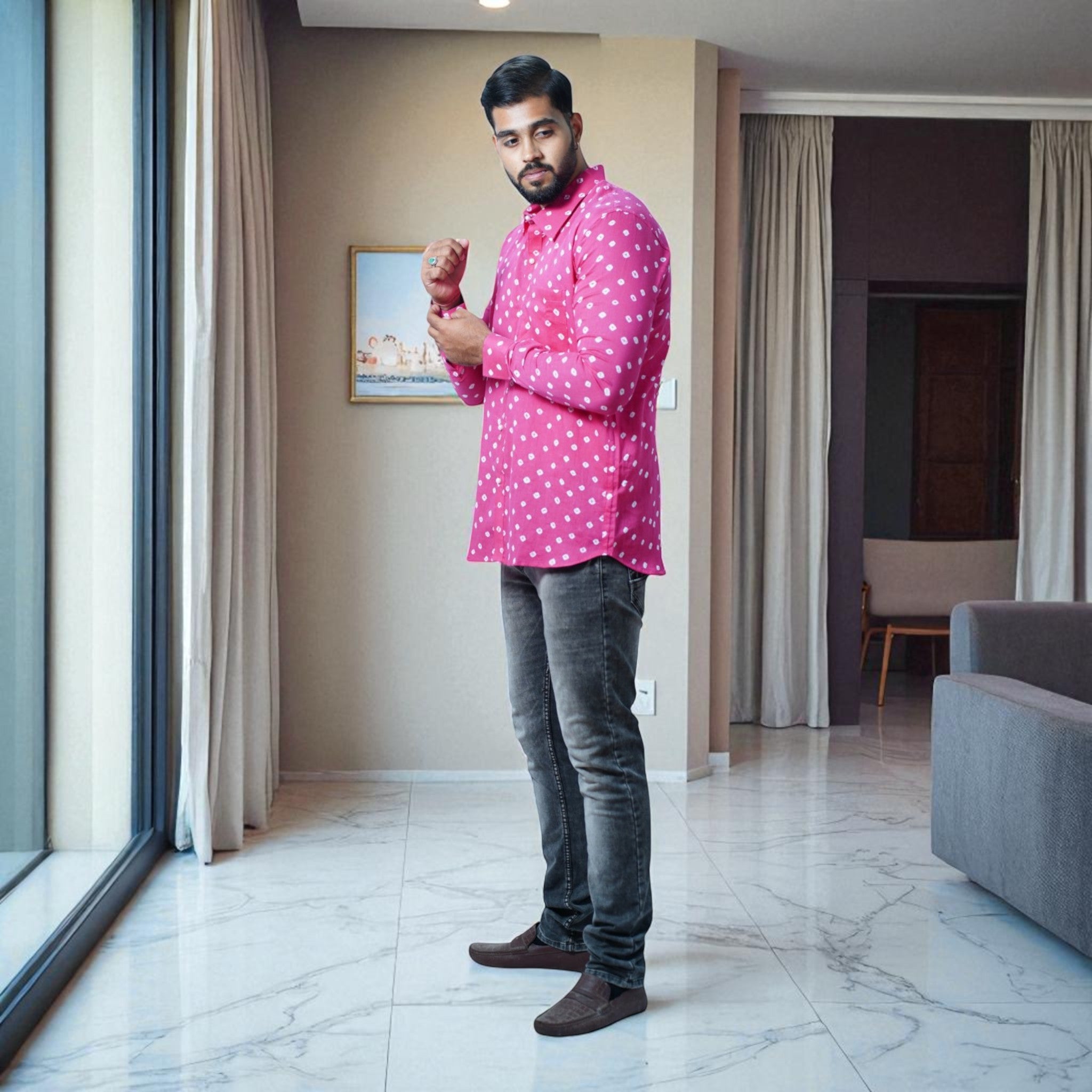 Pink Bandhej-Bandhini Cotton Mens Shirt