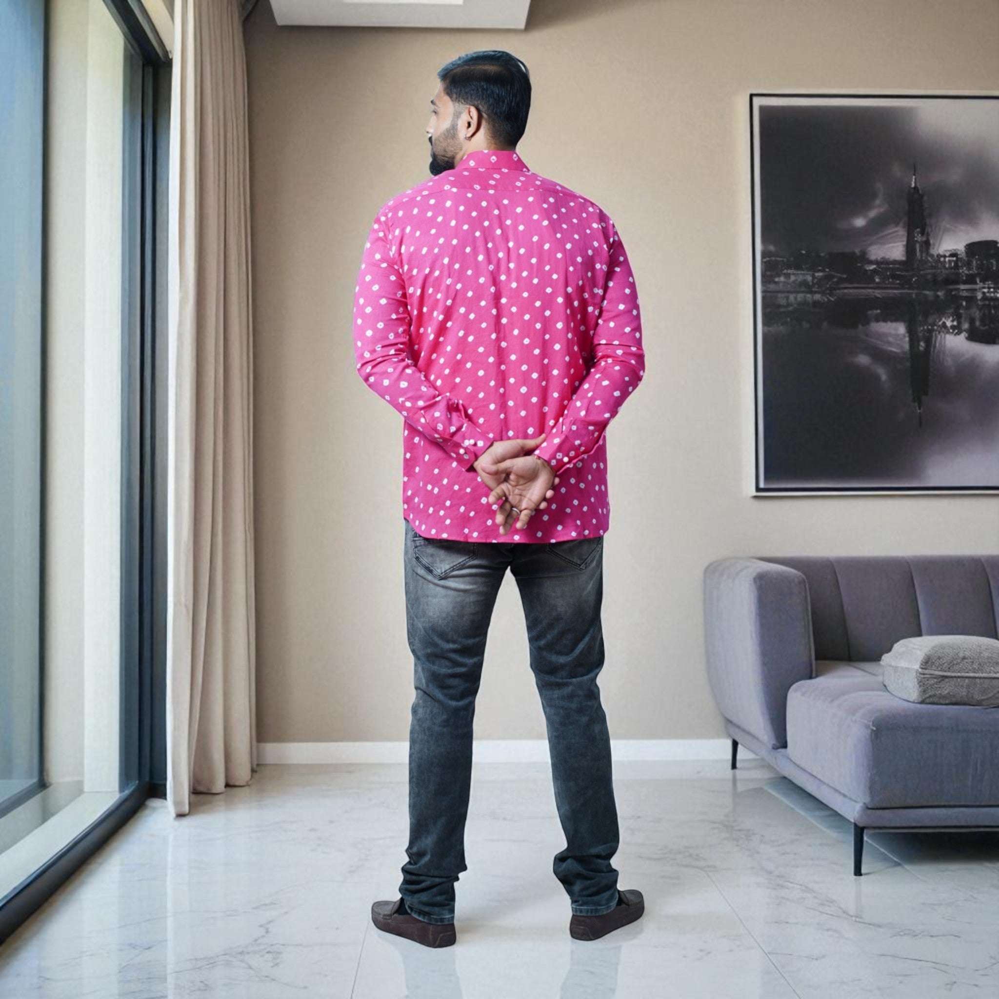 Pink Bandhej-Bandhini Cotton Mens Shirt