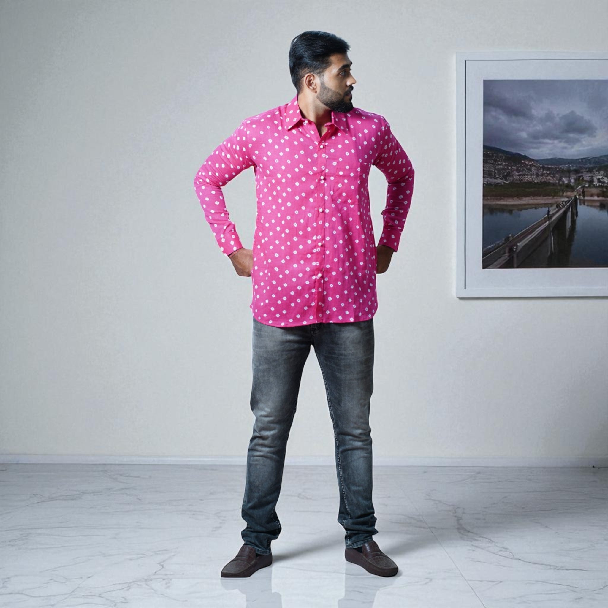Pink Bandhej-Bandhini Cotton Mens Shirt