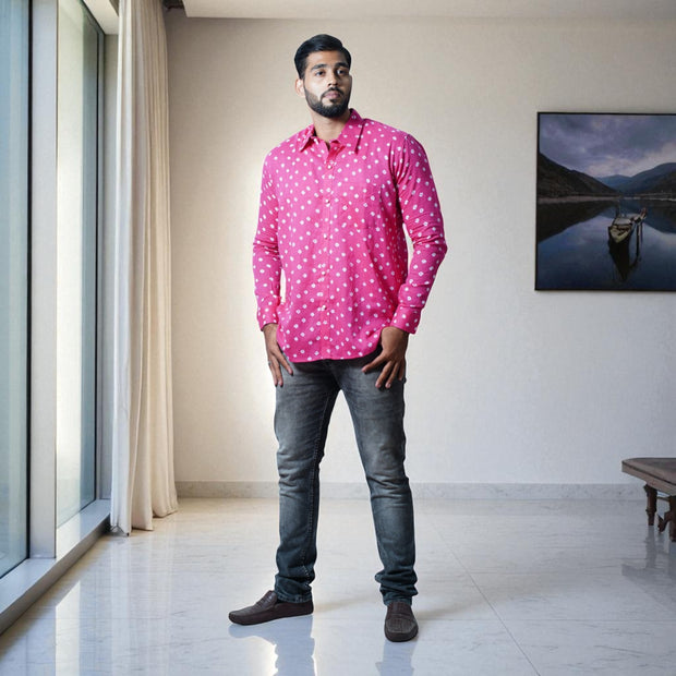 Pink Bandhej-Bandhini Cotton Mens Shirt