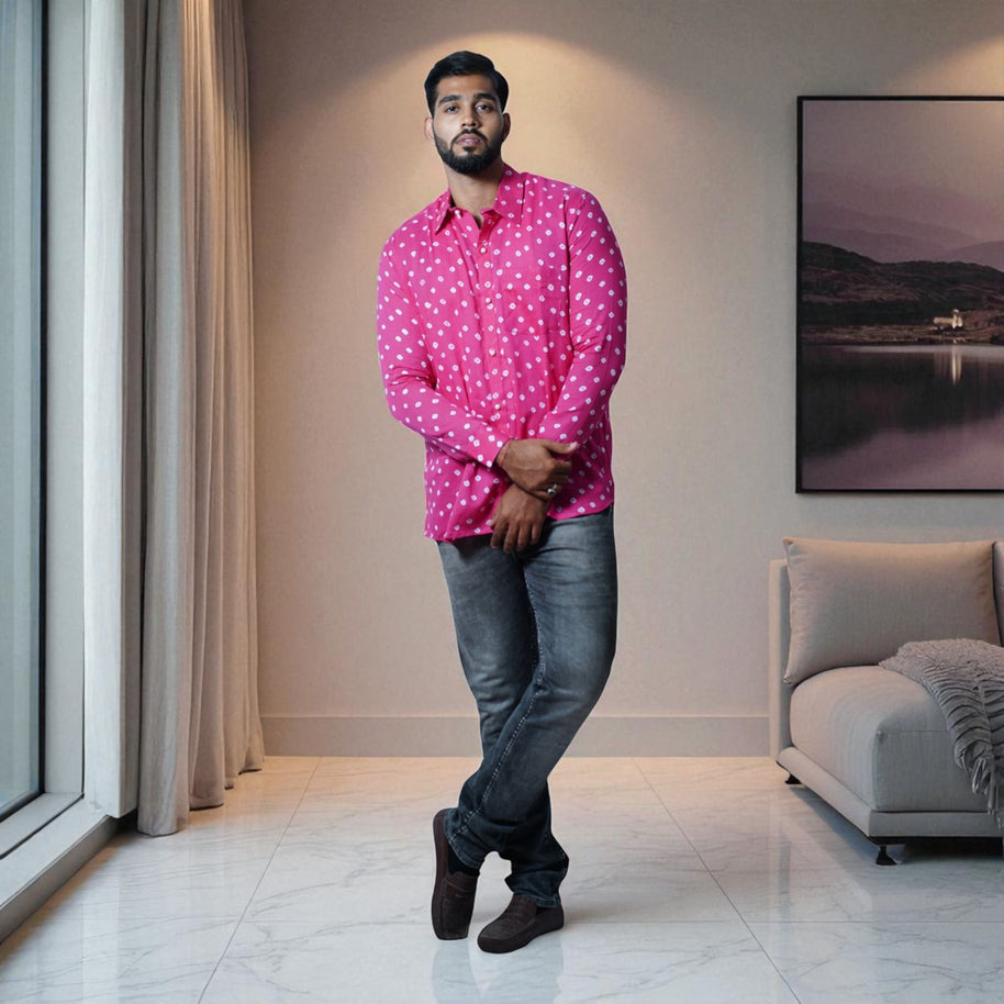 Pink Bandhej-Bandhini Cotton Mens Shirt