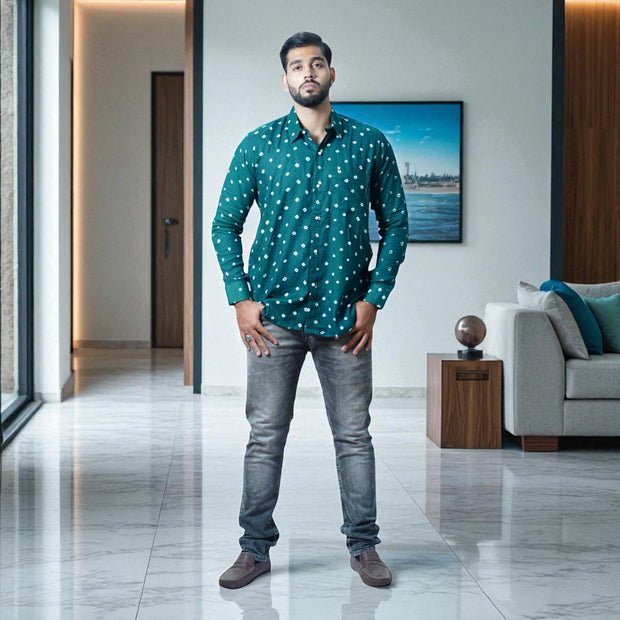 Bottle Green Hand Bandhej-Bandhini Cotton Mens Shirt