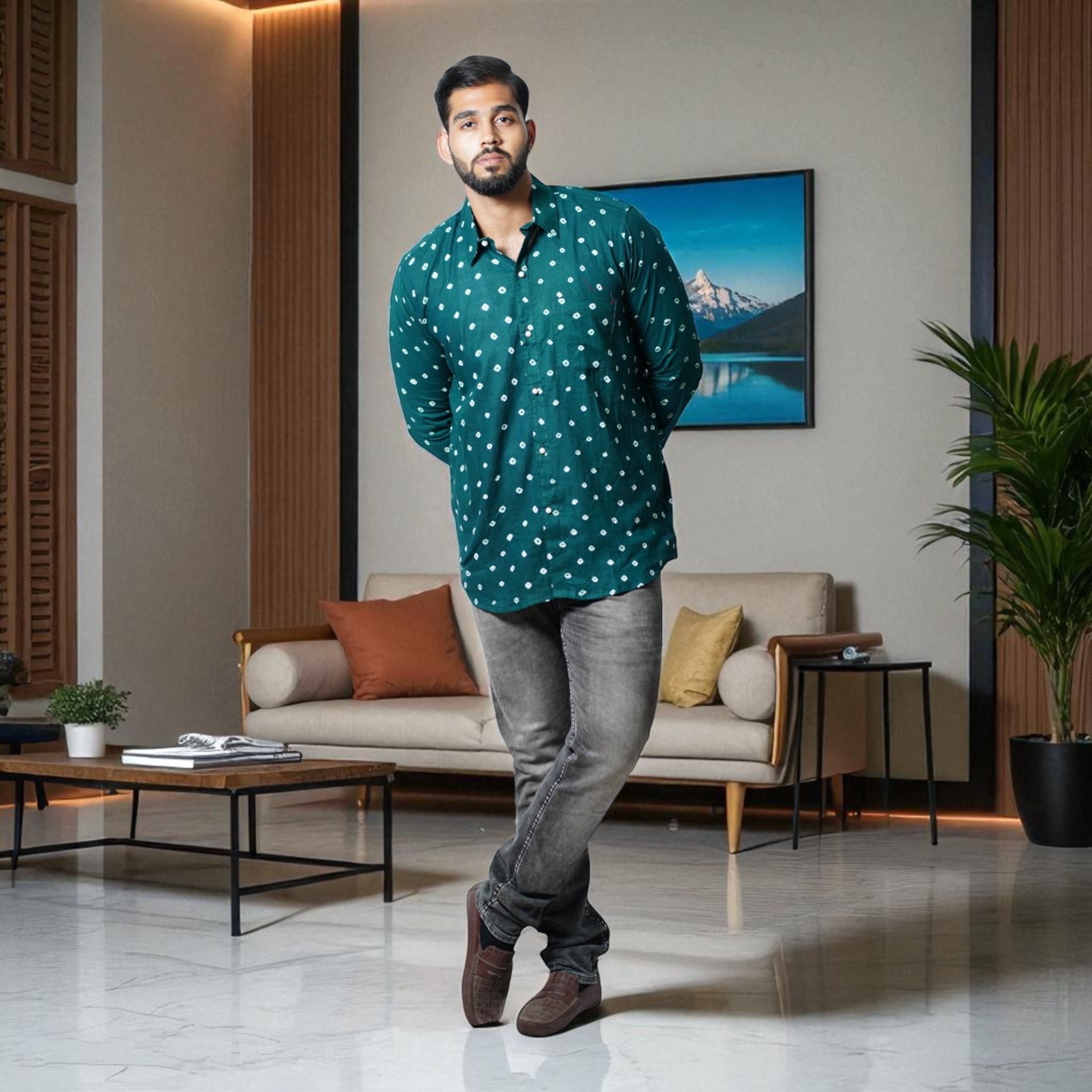 Bottle Green Hand Bandhej-Bandhini Cotton Mens Shirt