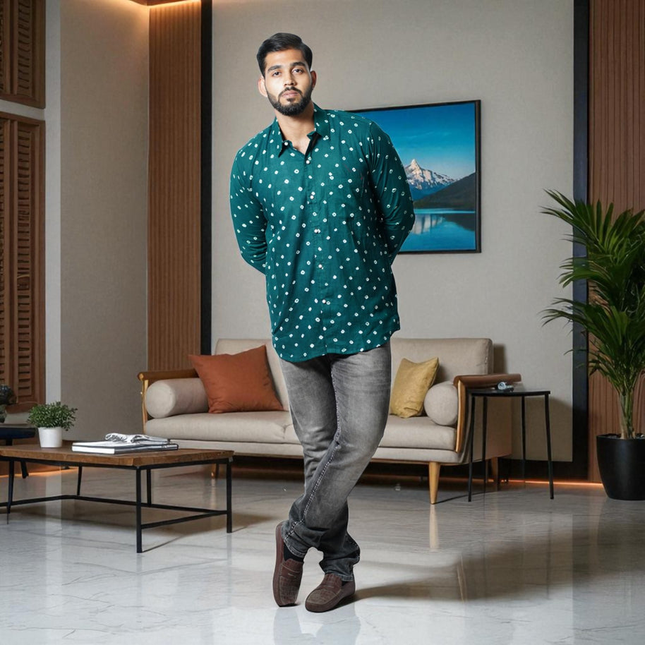 Bottle Green Hand Bandhej-Bandhini Cotton Mens Shirt