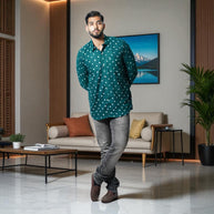 Bottle Green Hand Bandhej-Bandhini Cotton Mens Shirt