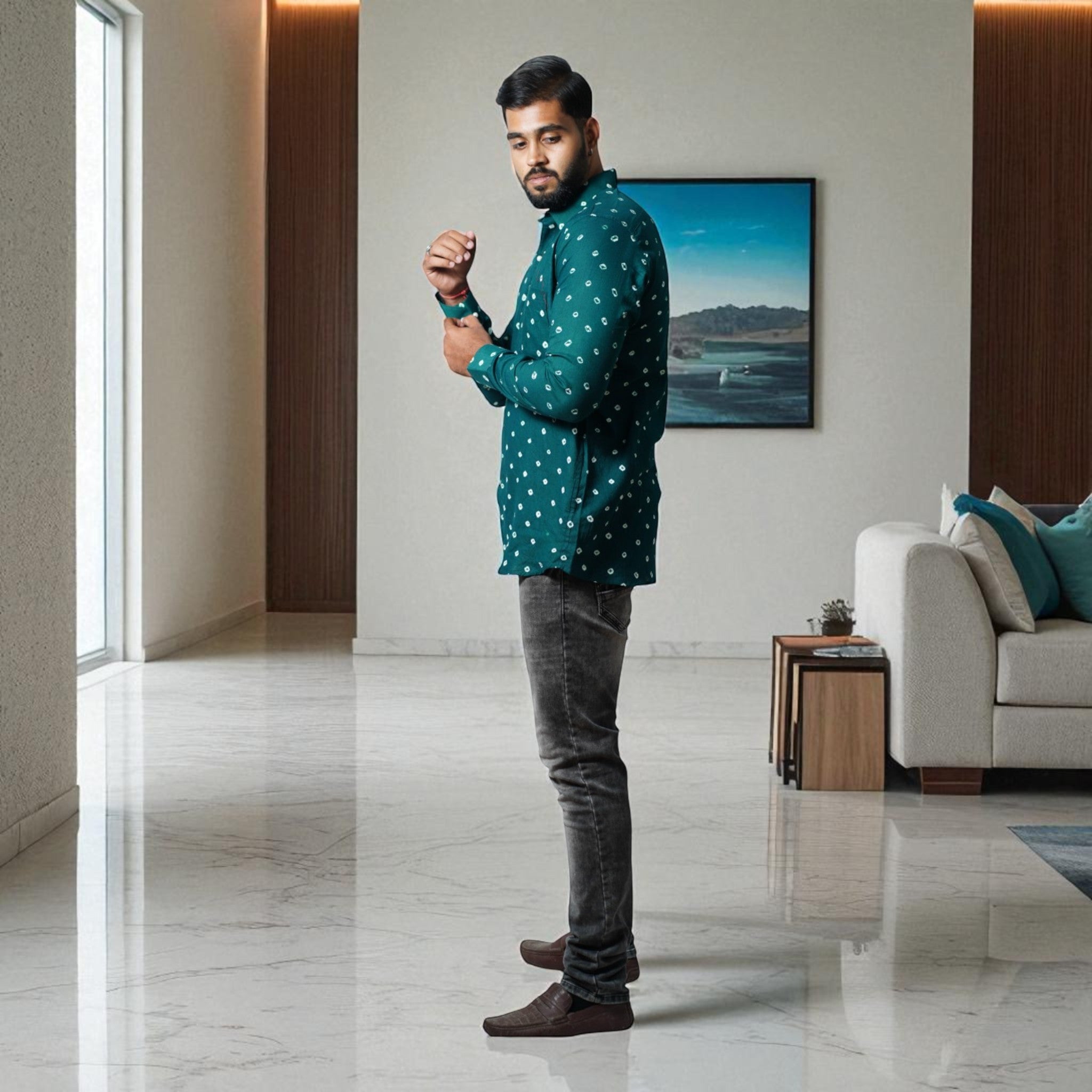 Bottle Green Hand Bandhej-Bandhini Cotton Mens Shirt
