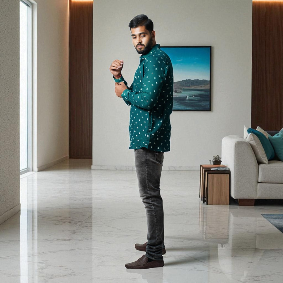 Bottle Green Hand Bandhej-Bandhini Cotton Mens Shirt