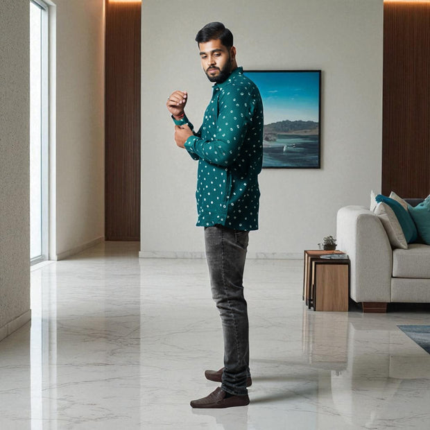Bottle Green Hand Bandhej-Bandhini Cotton Mens Shirt