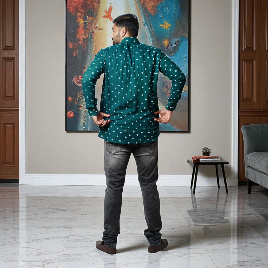 Bottle Green Hand Bandhej-Bandhini Cotton Mens Shirt
