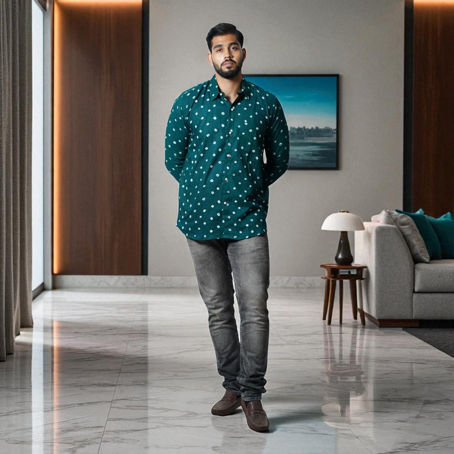 Bottle Green Hand Bandhej-Bandhini Cotton Mens Shirt