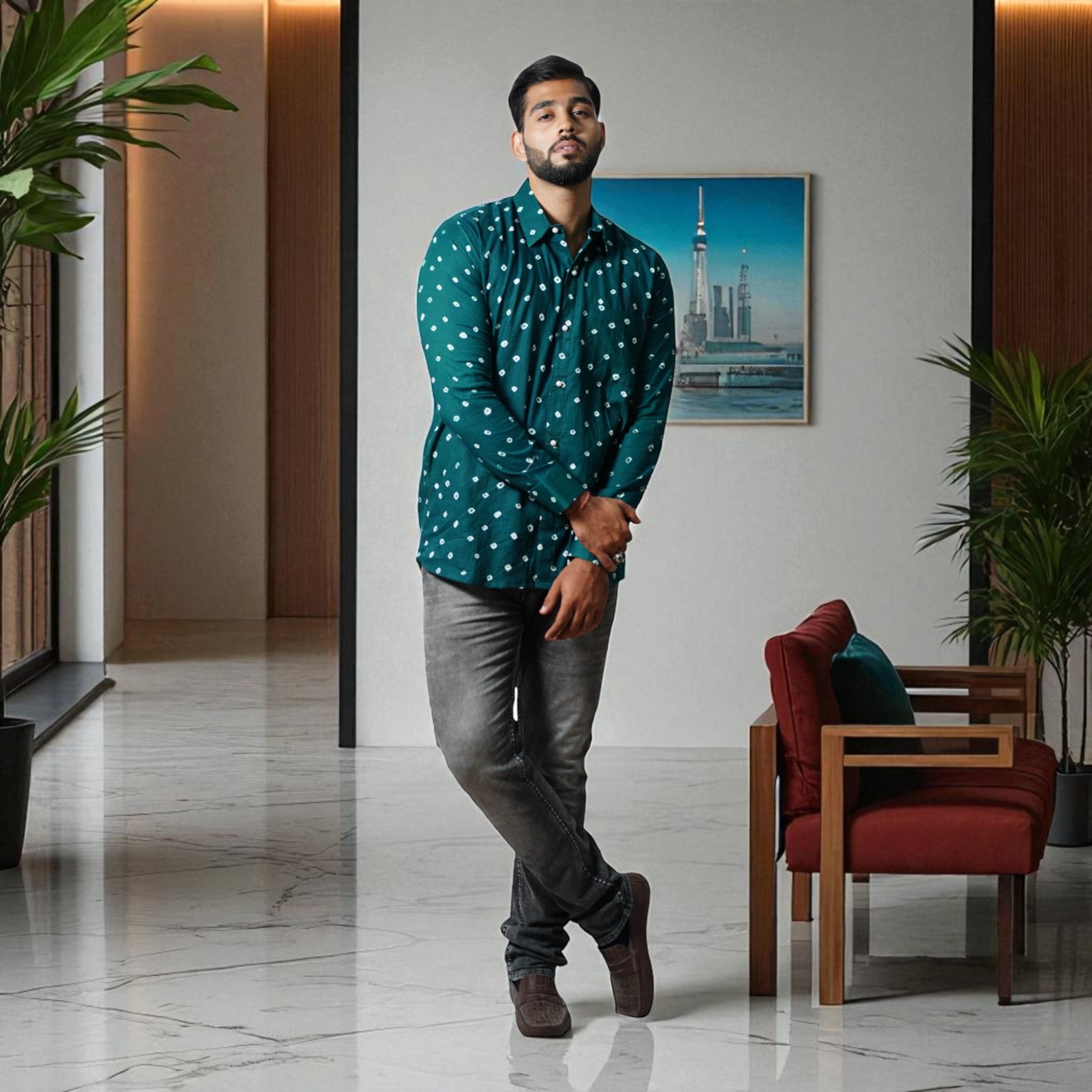 Bottle Green Hand Bandhej-Bandhini Cotton Mens Shirt