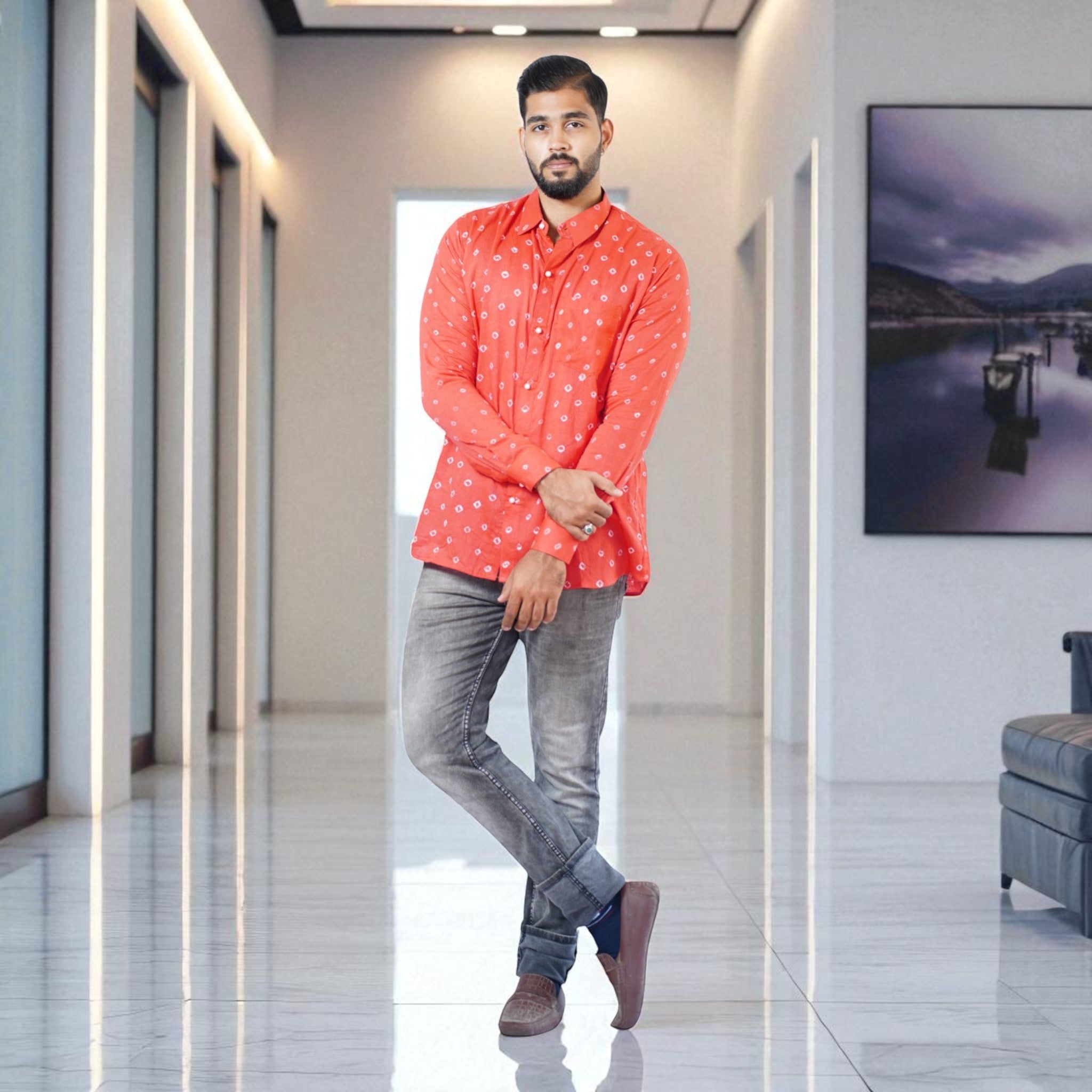Red Hand Bandhej-Bandhini Cotton Mens Shirt