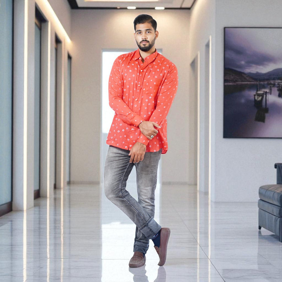 Red Hand Bandhej-Bandhini Cotton Mens Shirt