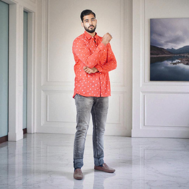 Red Hand Bandhej-Bandhini Cotton Mens Shirt