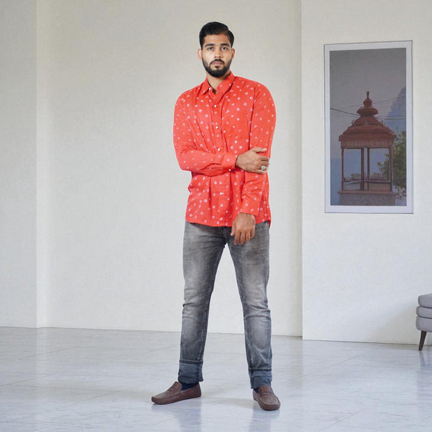 Red Hand Bandhej-Bandhini Cotton Mens Shirt