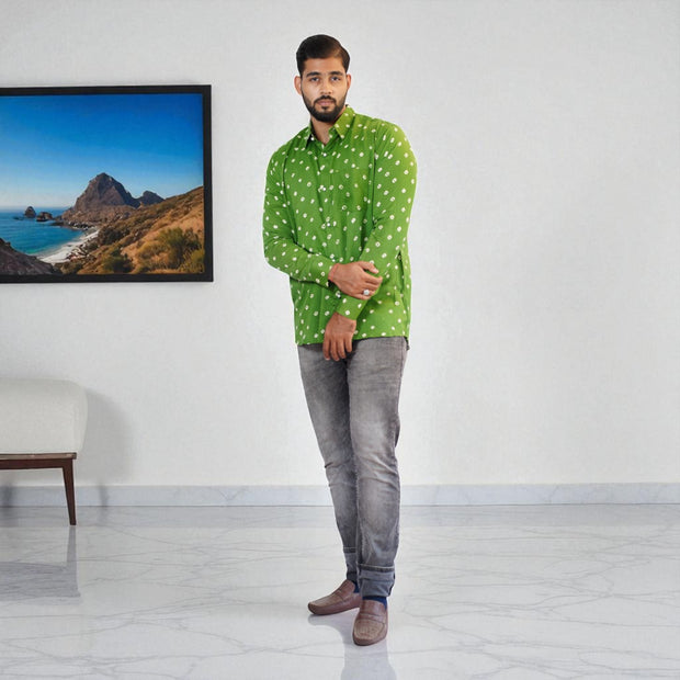 Dark Green Hand Bandhej-Bandhini Cotton Mens Shirt