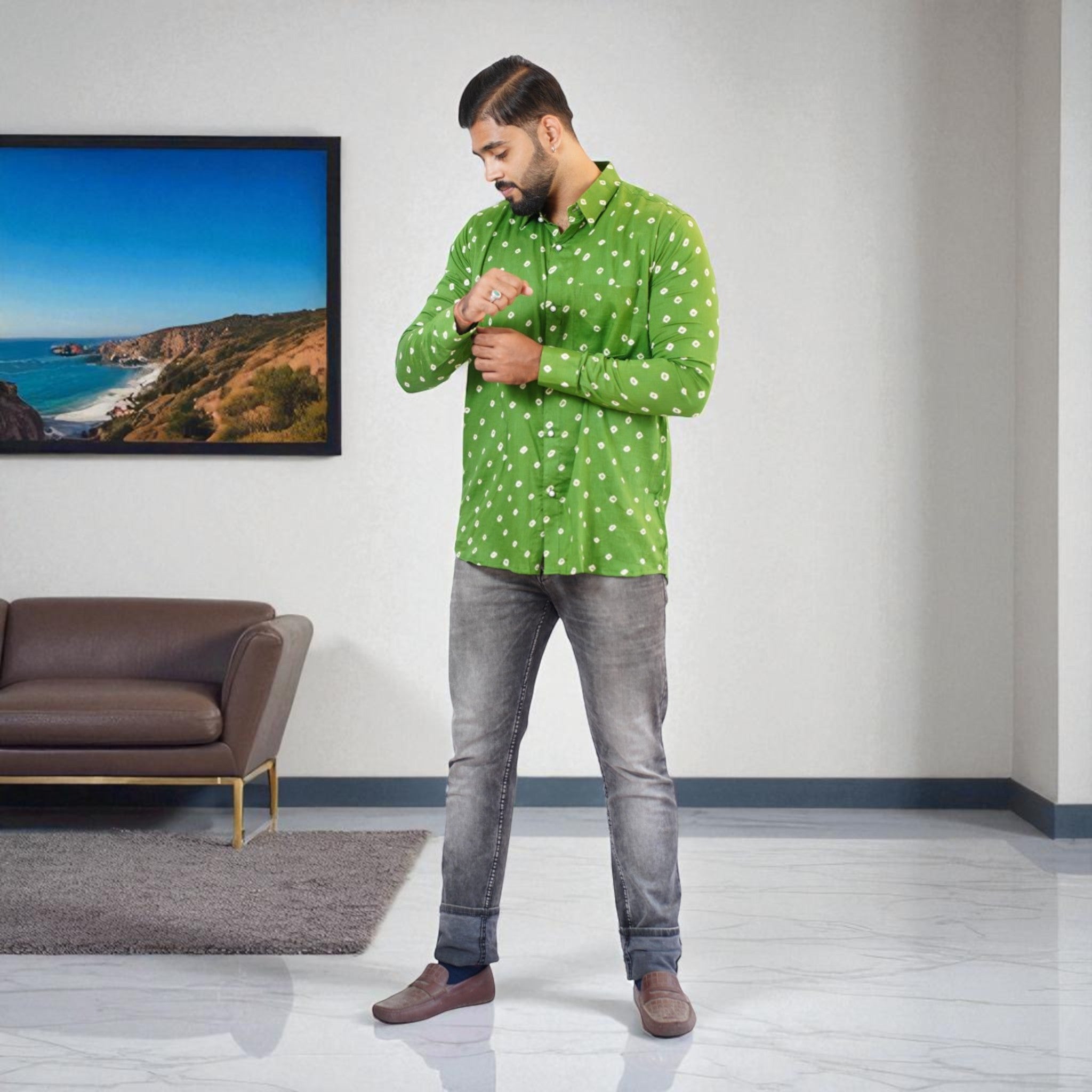 Dark Green Hand Bandhej-Bandhini Cotton Mens Shirt