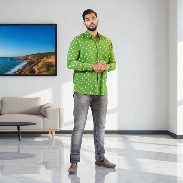 Dark Green Hand Bandhej-Bandhini Cotton Mens Shirt