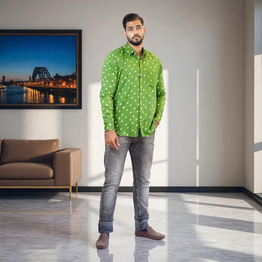 Dark Green Hand Bandhej-Bandhini Cotton Mens Shirt