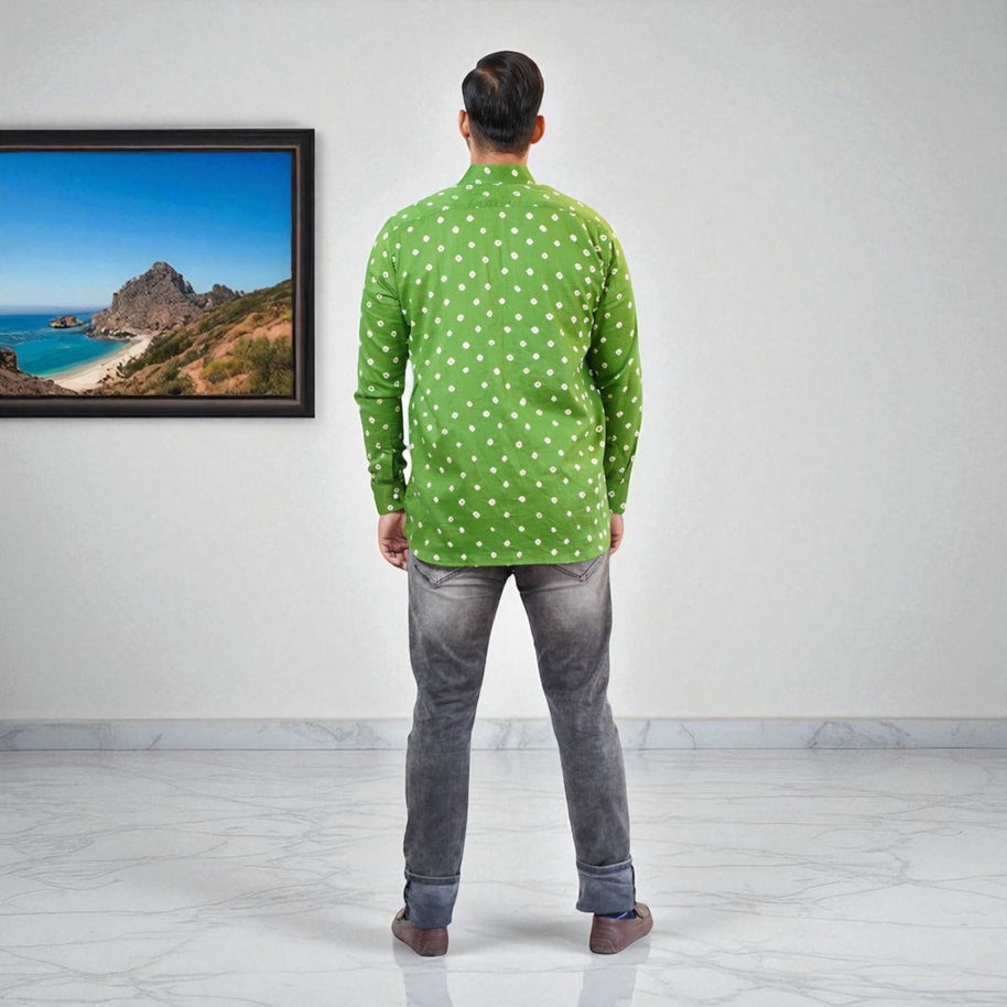 Dark Green Hand Bandhej-Bandhini Cotton Mens Shirt