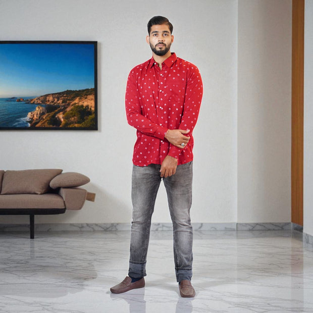 Maroon Hand Bandhej-Bandhini Cotton Mens Shirt