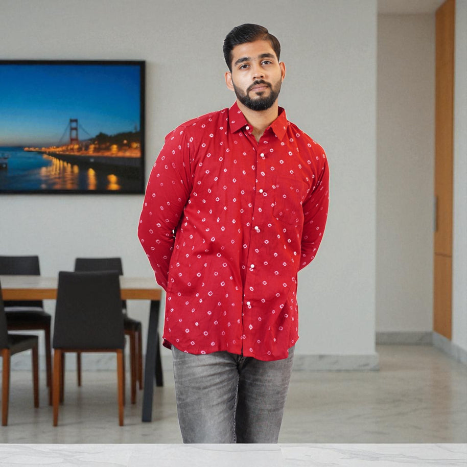 Maroon Hand Bandhej-Bandhini Cotton Mens Shirt