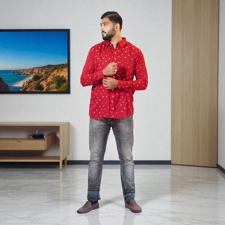 Maroon Hand Bandhej-Bandhini Cotton Mens Shirt