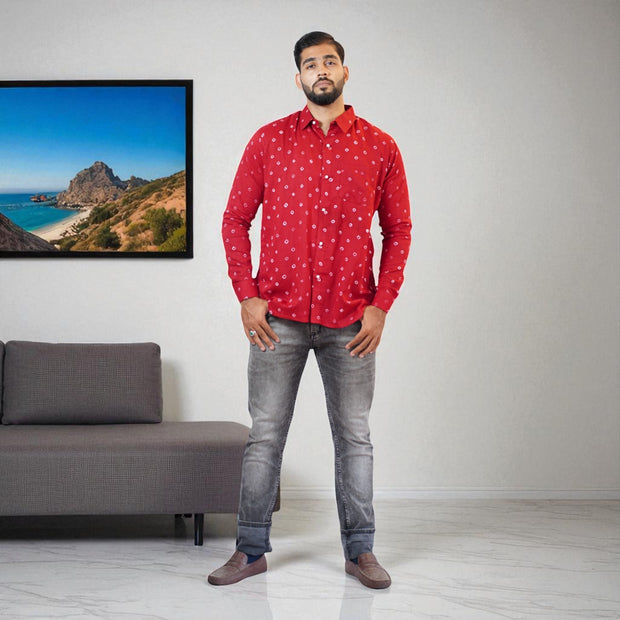 Maroon Hand Bandhej-Bandhini Cotton Mens Shirt