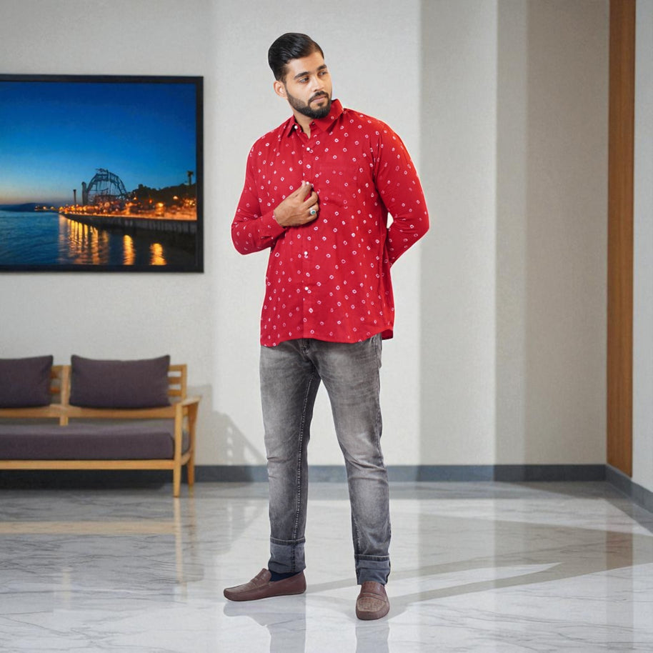 Maroon Hand Bandhej-Bandhini Cotton Mens Shirt