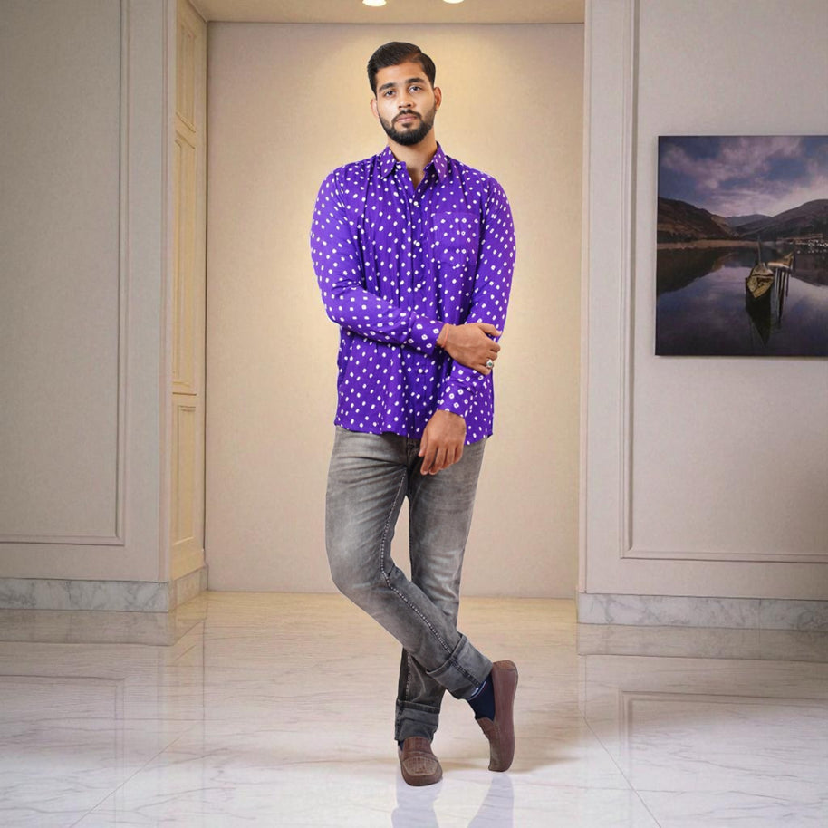 Purple Hand Bandhej-Bandhini Cotton Mens Shirt