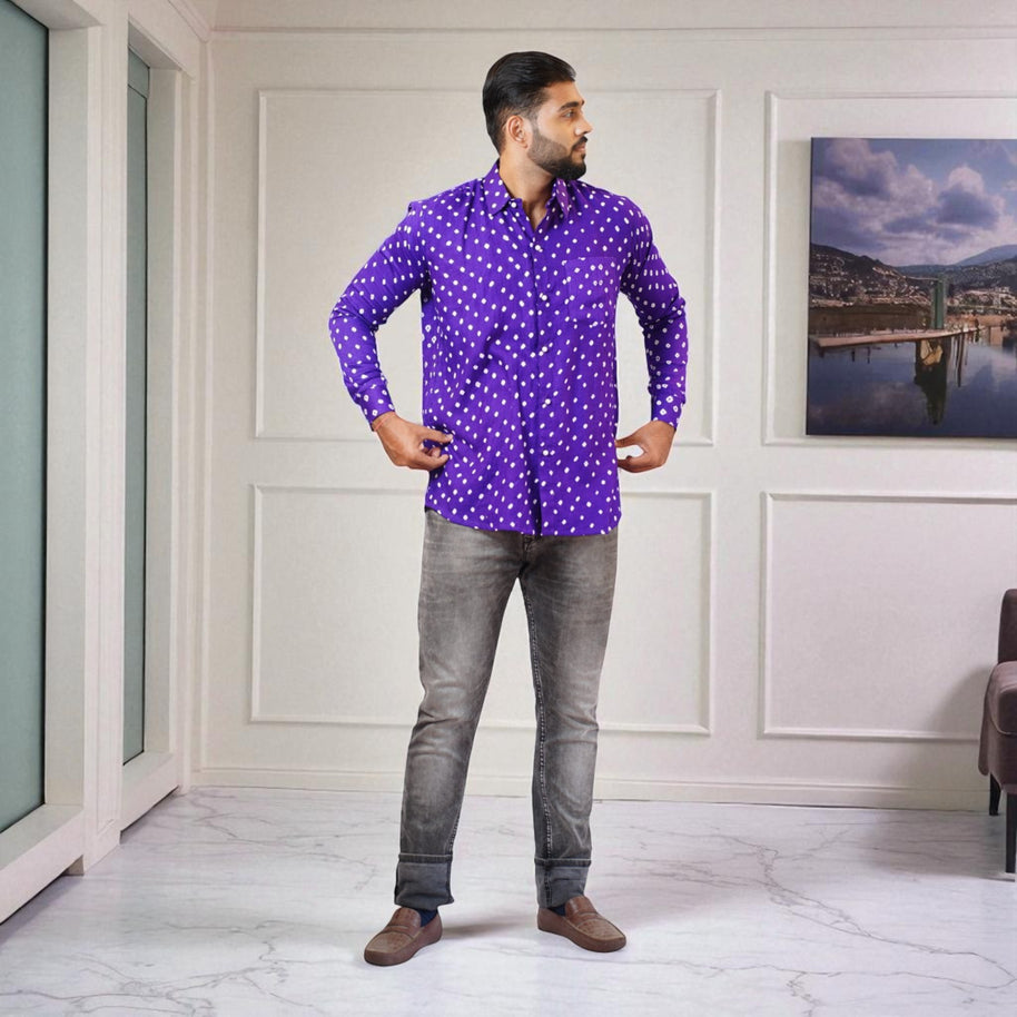 Purple Hand Bandhej-Bandhini Cotton Mens Shirt