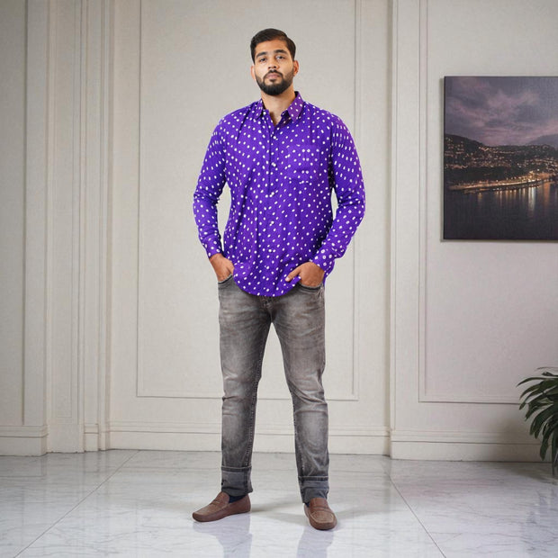 Purple Hand Bandhej-Bandhini Cotton Mens Shirt