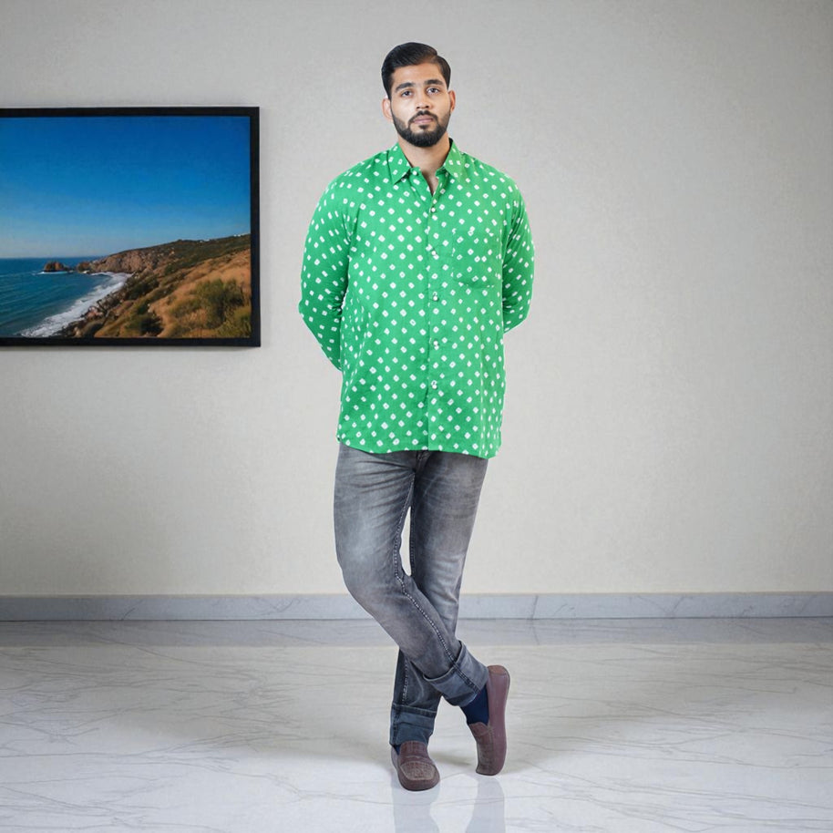 Green Hand Bandhej-Bandhini Cotton Mens Shirt